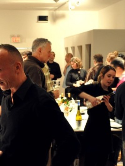 a group of people standing in a room