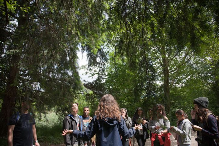 a group of people standing next to a tree