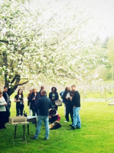 a group of people that are standing in the grass