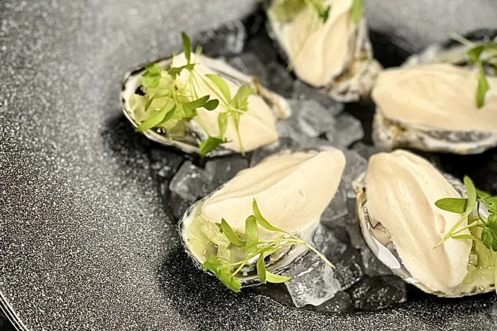 Oysters on ice with creamy topping and microgreens on a dark plate.