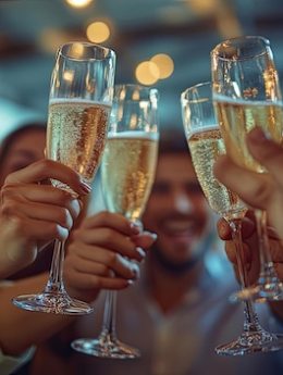 Group of people toasting with champagne glasses at a celebration.