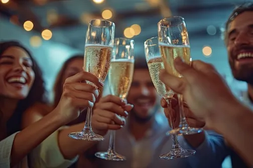 Group of people toasting with champagne glasses at a celebration.