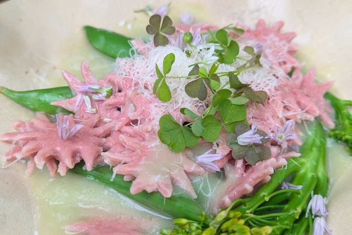 Pink pasta flowers and green vegetables with microgreens and flowers on a beige plate.