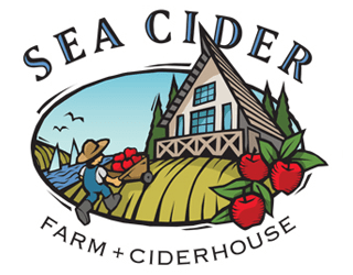 Logo of Sea Cider with farmer, house, apples, and sea.