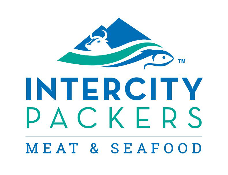Logo of Intercity Packers Meat & Seafood with bull and fish graphics.